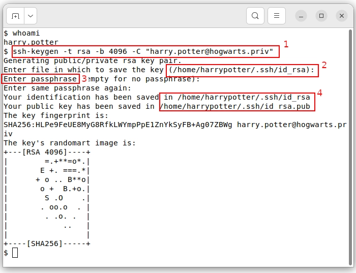 Harry generates public & private key using ssh-keygen