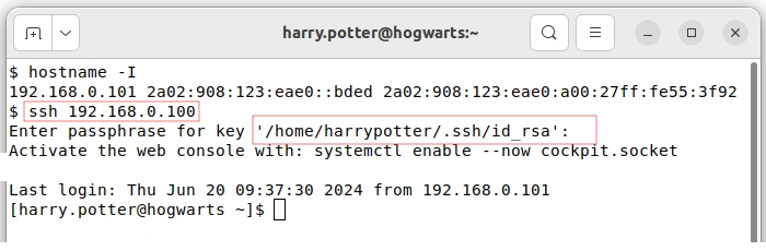 Harry's successful login using public/private key