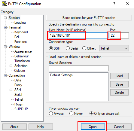 Connecting to the SSH server through PuTTY