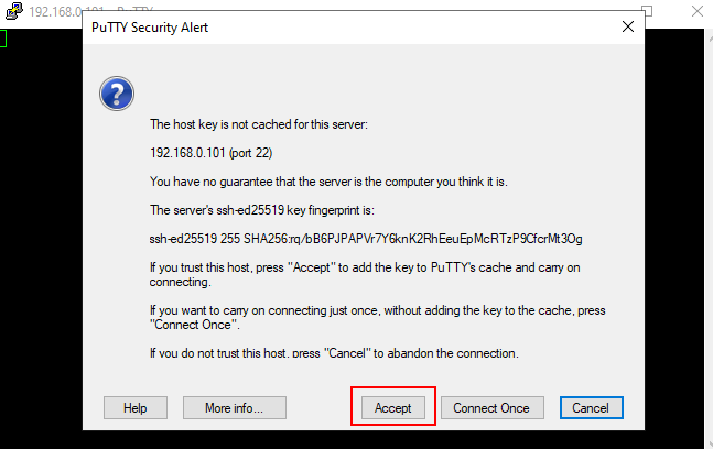 PuTTY security alert before connecting to the server