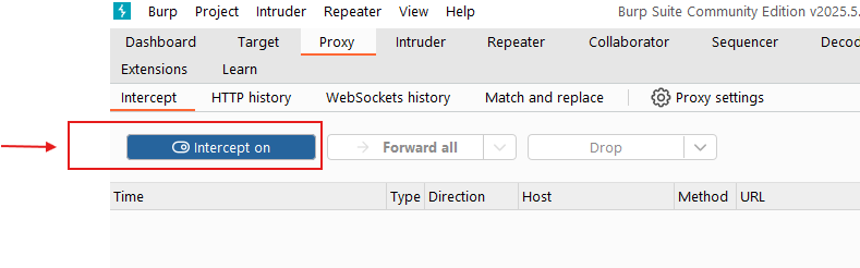 Burp Suite - turning on proxy intercept